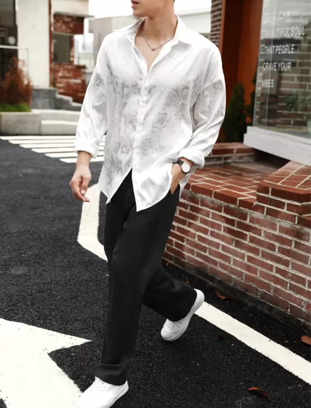 Men's White Floral Jacquard Satin Casual Shirt